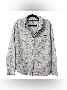 Petite Plume White Blue Village Print Button‎ Down Cotton Pajama Top Size XS